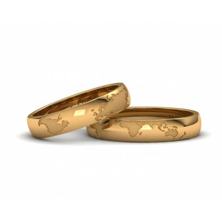 World Map Wedding Rings 18k yellow gold 4mm