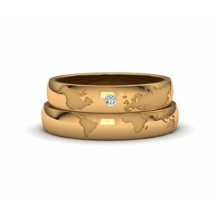 World Map Wedding Bands 18k yellow gold 4mm with a Diamond