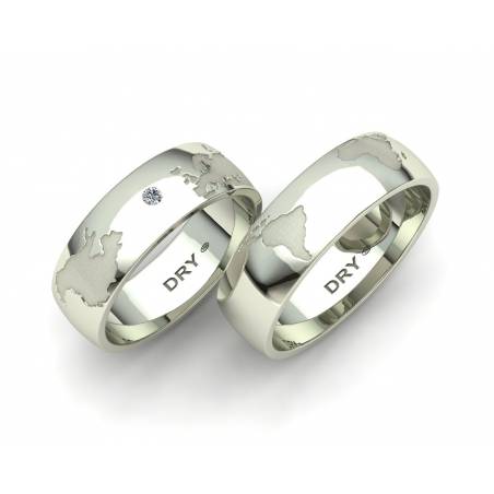 Anillos mapamundi en oro blanco 6mm con un diamante