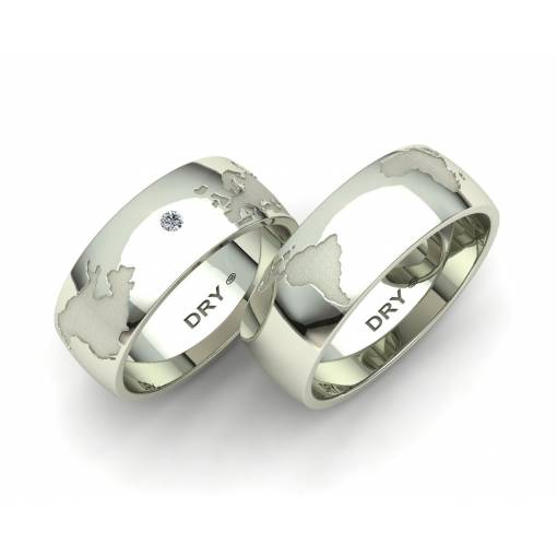 Anillos grabado mapa del mundo oro blanco 7mm con un diamante