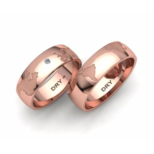 Anillos mapamundi oro rosa ancho 6mm con un diamante