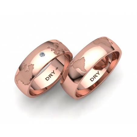 Anillos mapamundi oro rosa ancho 6mm con un diamante