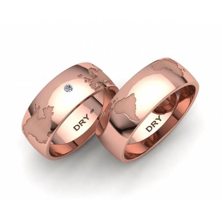 Anillos mapamundi oro rosa ancho 7mm con un diamante